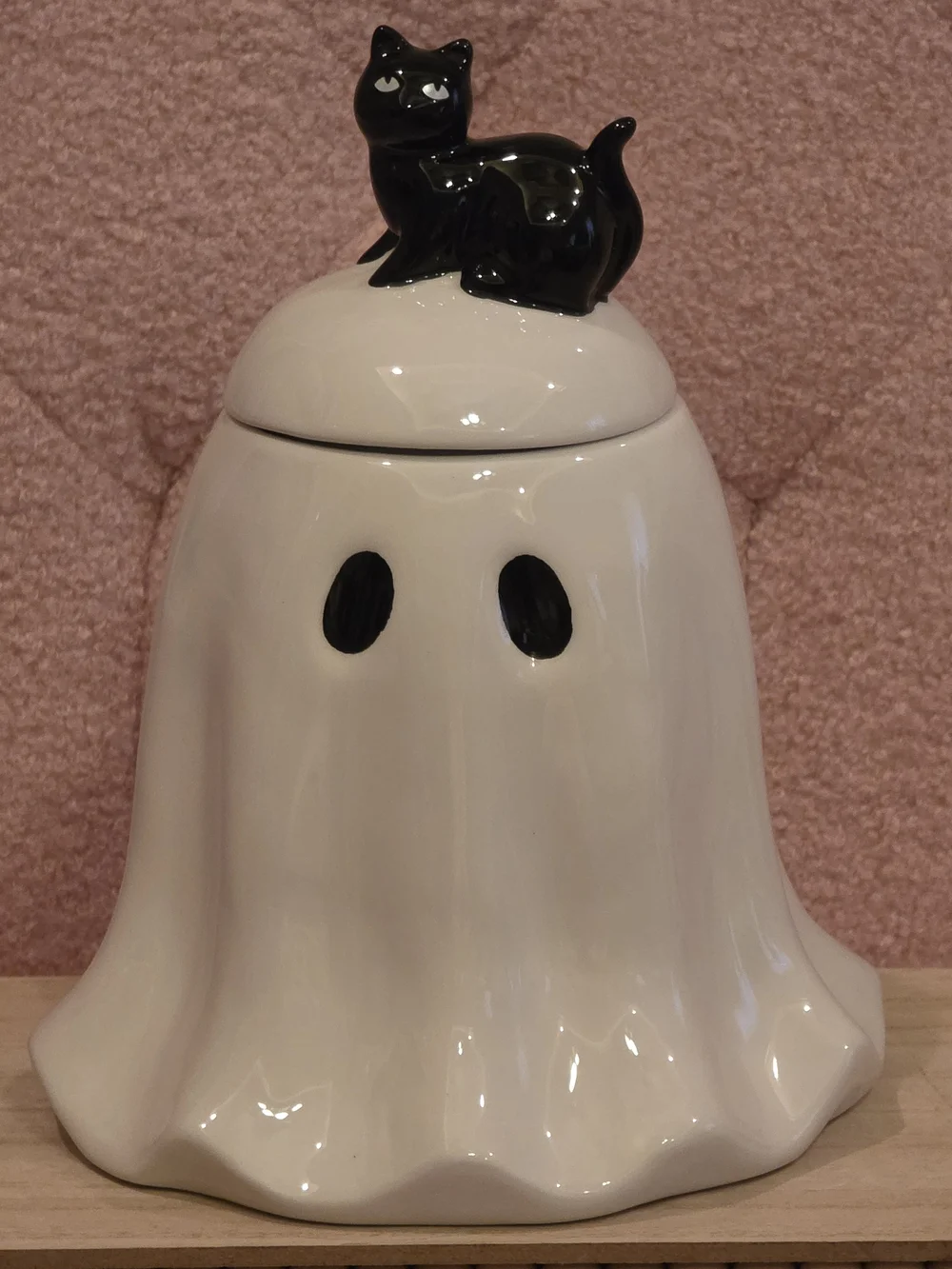 Ceramic White Ghost Cookie Jar with Black Cat Lid